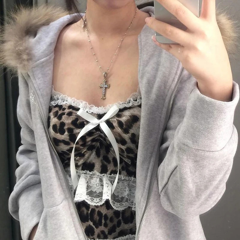 IAMTY Y2K Leopard Print Lace Ruffle Patchwork Camis Brown Coquette Aesthetic Slim-fit Bow Tank Tops Cute Fairycore Vest Cute 240408