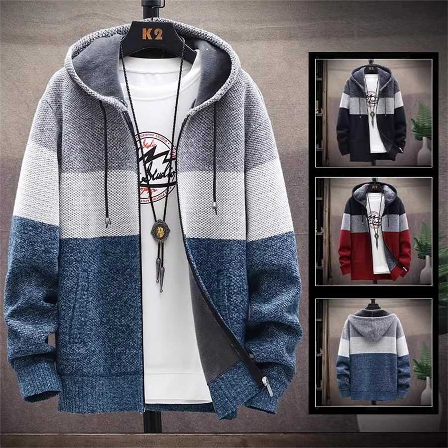 Mens patch work winter warm sweater wool skydiving hooded cardigan mens clothing knitted jacket mens knitted thick slim fit jacket W241119