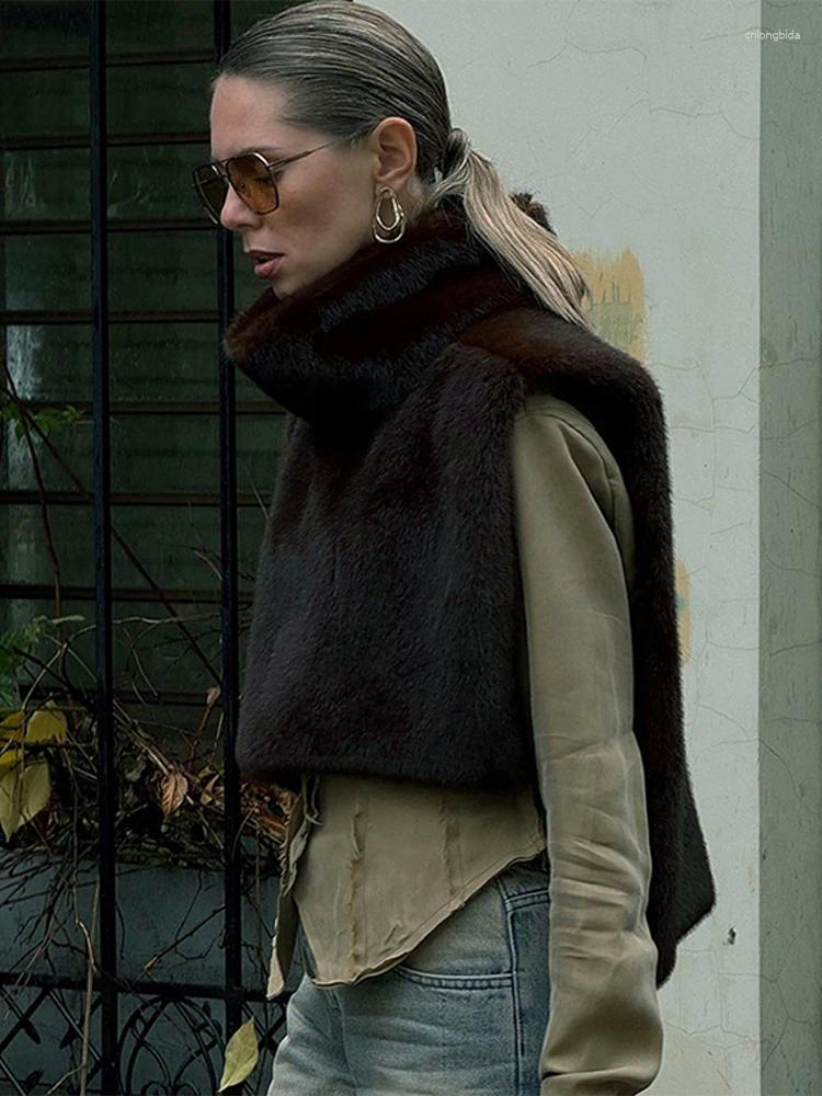 Women's Fur Vintage Turtleneck Faux Waistcoat Women Casual Solid High Neck Plush Sleeveless Coats Female Winter Chic Street Outwear