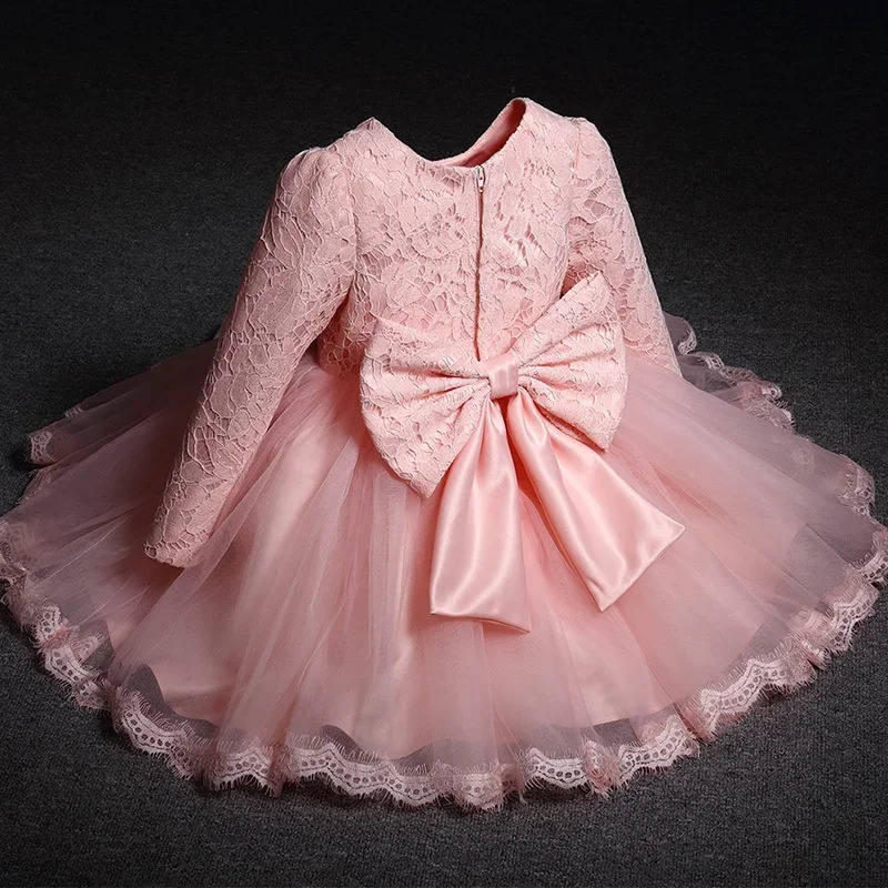 Baby Girls Long Sleeve Dresses for Xmas Party Wedding Lace Big Bow Infant Girl 1st Birthday Princess White Baptism Dress 240416