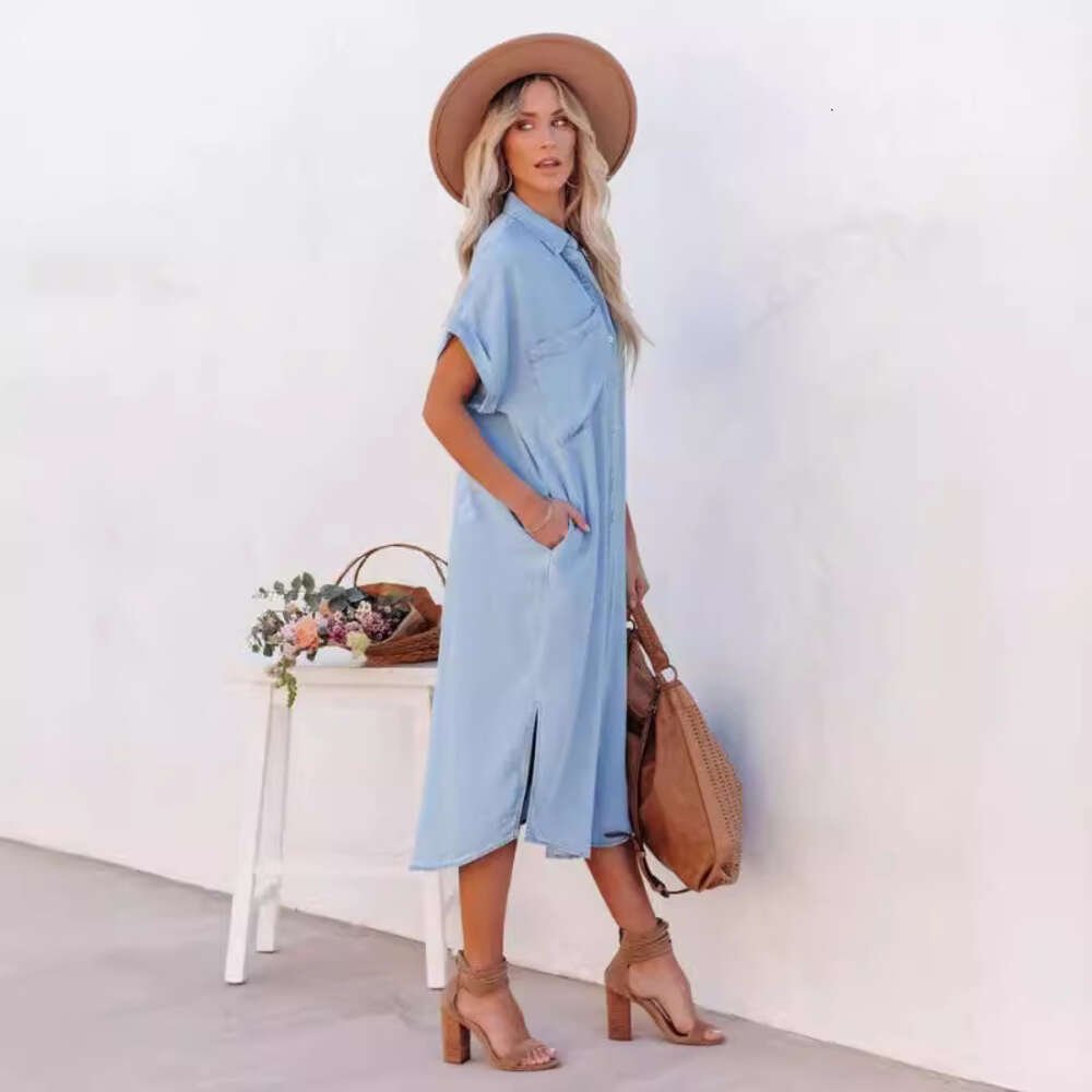 New Fashionable Solid Color Denim Short Sleeved Dress, Medium Length Split Lining Dress F41941