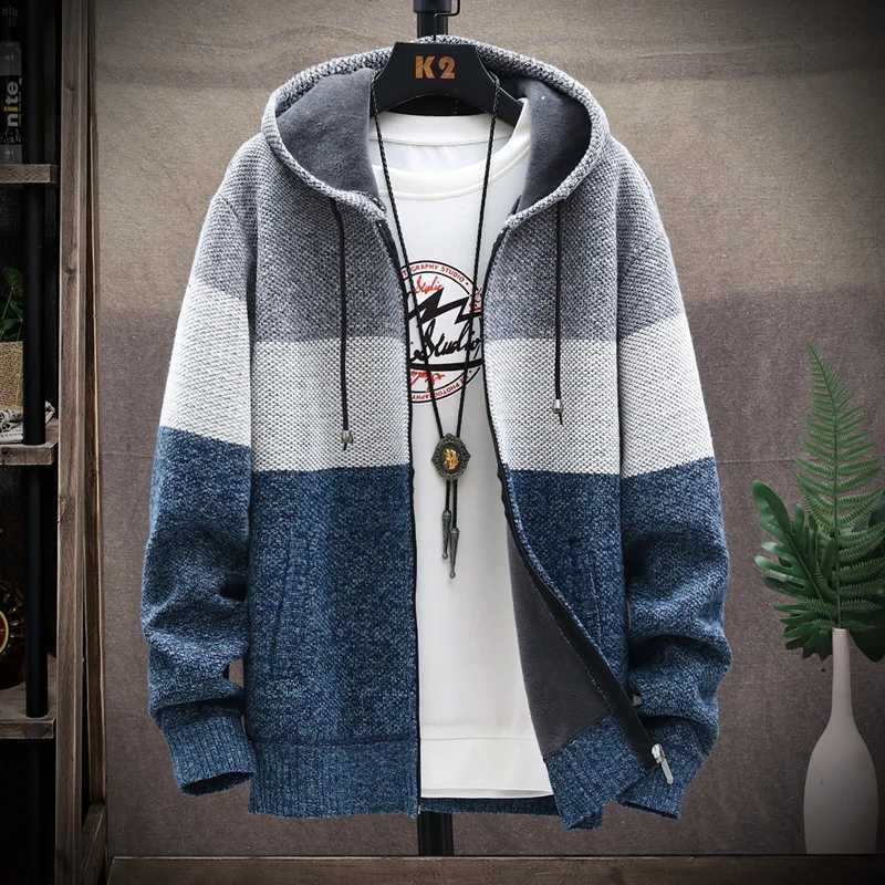 Winter 2024 mens sweater with added velvet cardigan wool sweater patch working color bracket collar mens casual zipper knitted thick warm sweater W241