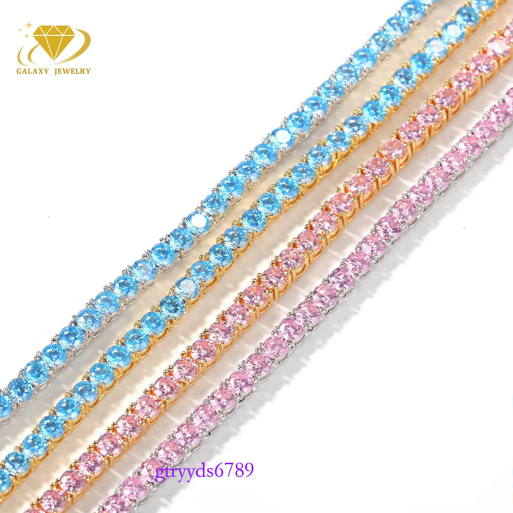 2-6mm Hiphop Sier Pink Bracelet Iced Out GRA Certified Mossanite Jewelry Necklace Rainbow Moissanite Tennis Chain