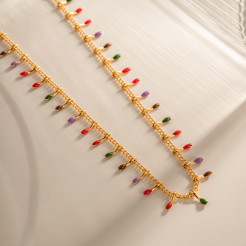 French Minimalist and Personalized Colored Drip Oil Tassel Neckchain for Women 18k Gold Titanium Steel Color Resistant Trend Banquet Party Wedding Jew