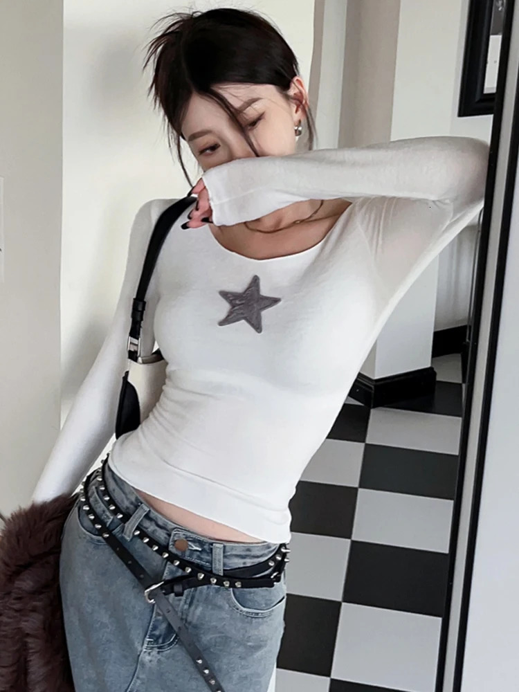 American Retro Star T Shirt Women Spring Autumn Vintage Long Sleeve Basic Tees Streetwear Casual Sexy Slim Crop Top Y2k Clothes 240409