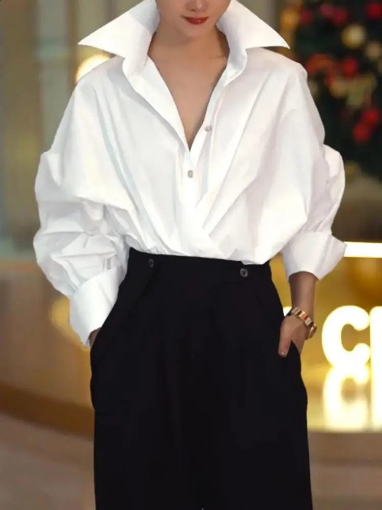 UOOZEE Womens Long Bat Wing Sleeve Solid Color Collar Shirt Spring Autumn Casual Simple Office Shirt Top 241115