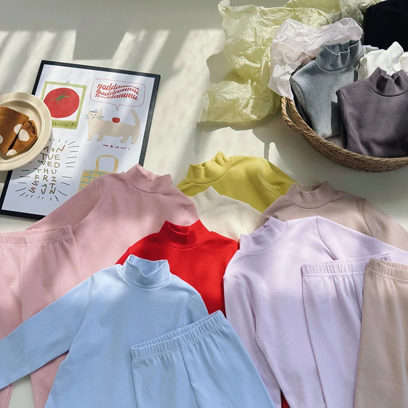 Autumn Baby Girl 2PCS Sleepwear Set Cotton Half Turtle Neck Underwear High Waist Tight Childrens Dress 241118