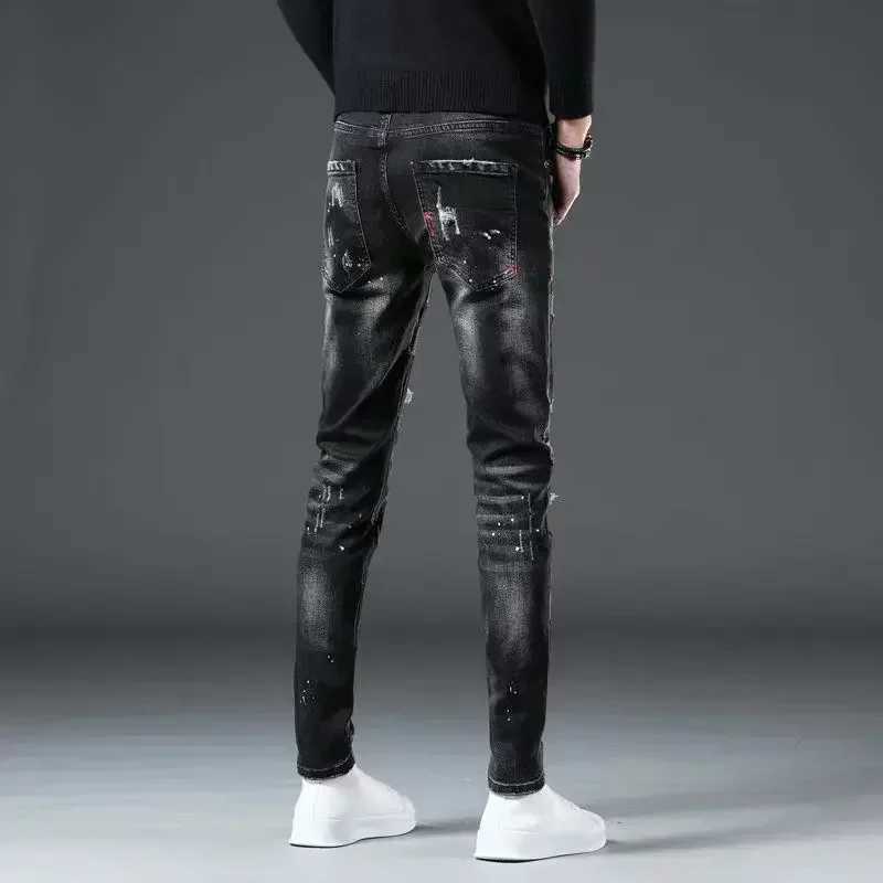 Mens Cowboy Pants Ripped Broken Trousers with Print Mens Jeans Tight Pipe Grunge Y2k Holes Skinny Cropped Patch Slim Fit Torn Xs W250222