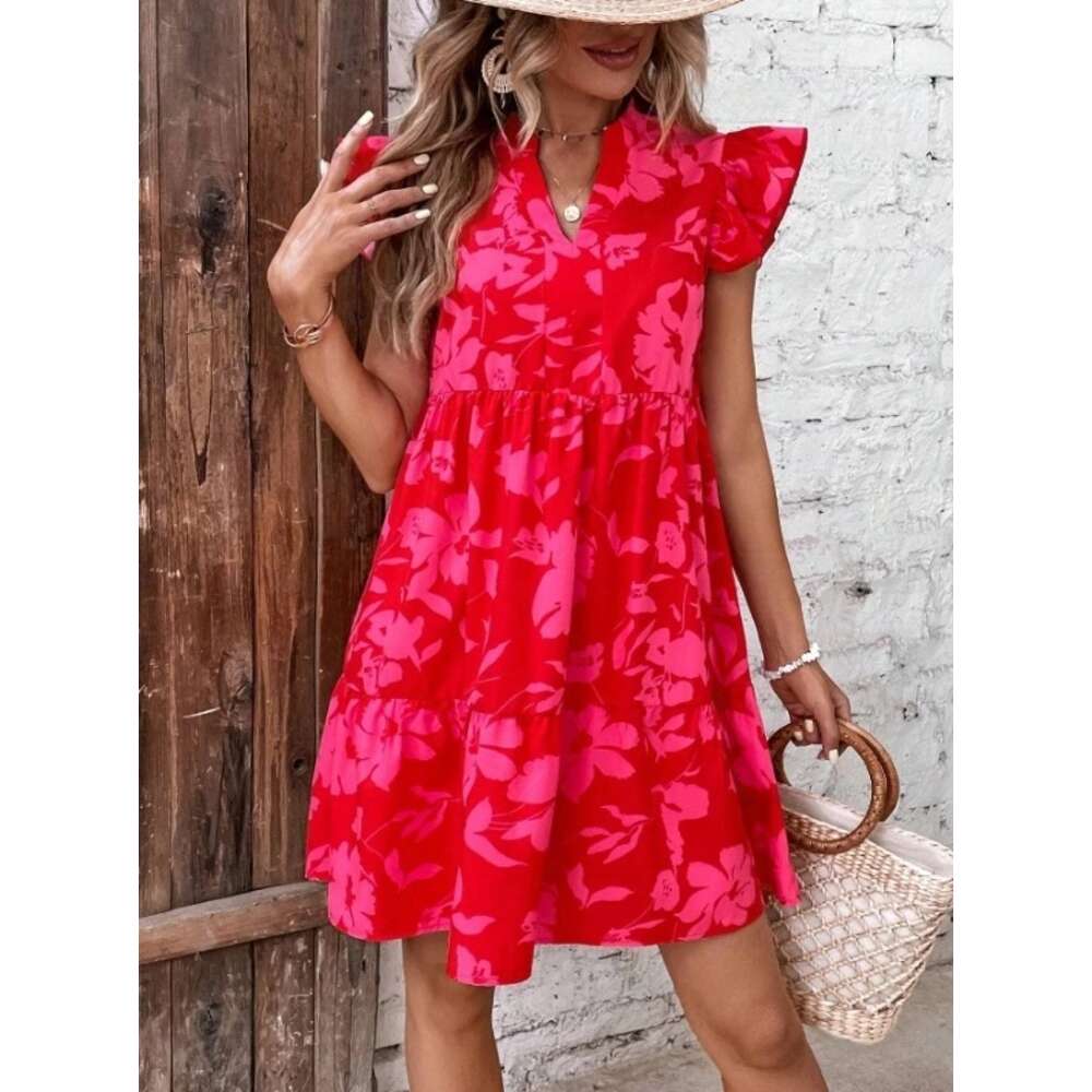 Women's 2024 Spring/summer New Lotus Leaf Sleeves V-neck Loose Waist Printed Dress F41933