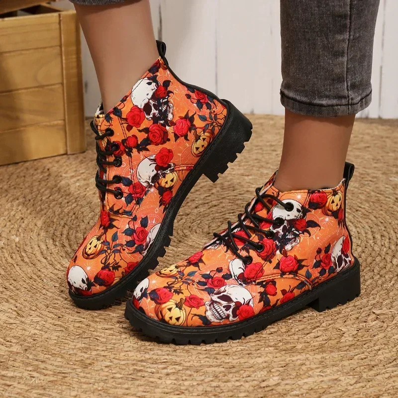 Woman Lace-up Short Leather Boots Fashion Platform Shoes Trend Punk Leather Fashion Christmas Print Botas Plus Size 42 241118