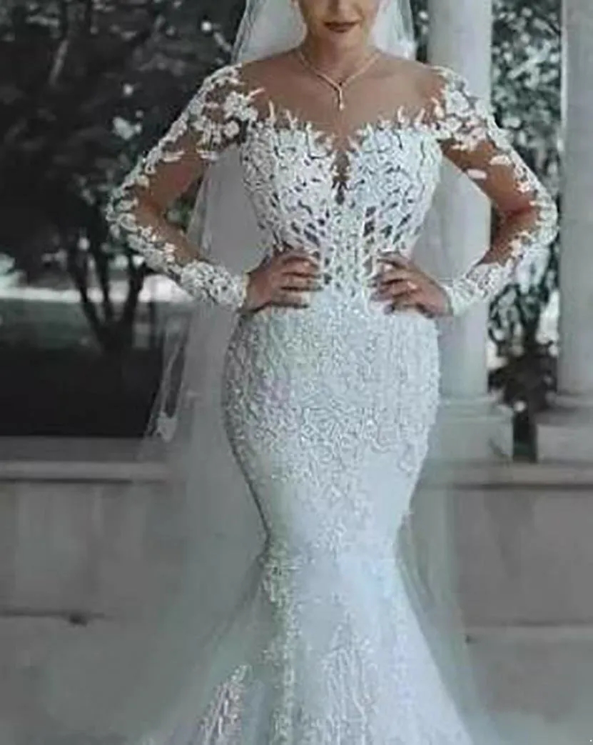 Romantic Gorgeous Long Sleeve Mermaid Wedding Dresses Beading Lace Princess Bridal Gown Custom Made Appliques See Through BA9863