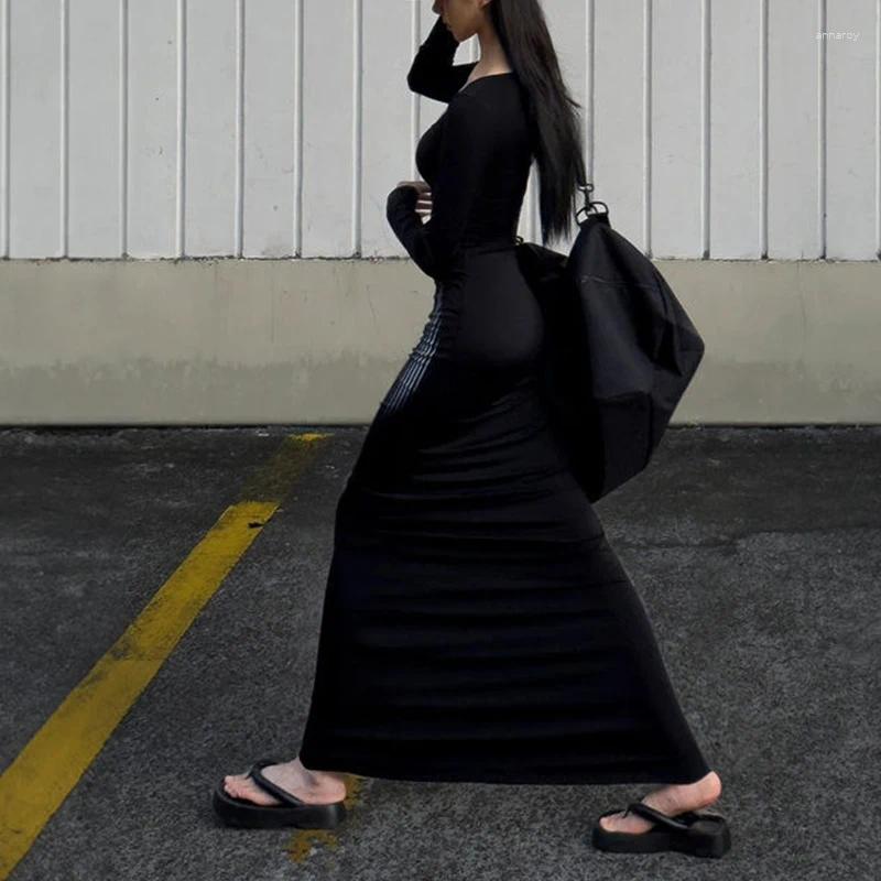 Casual Dresses Spring Autumn Square Collar Sexy Fashion Bodycon Maxi Dress Female Long Sleeve Slim Black Robe Ladies Elegant Vestidos De