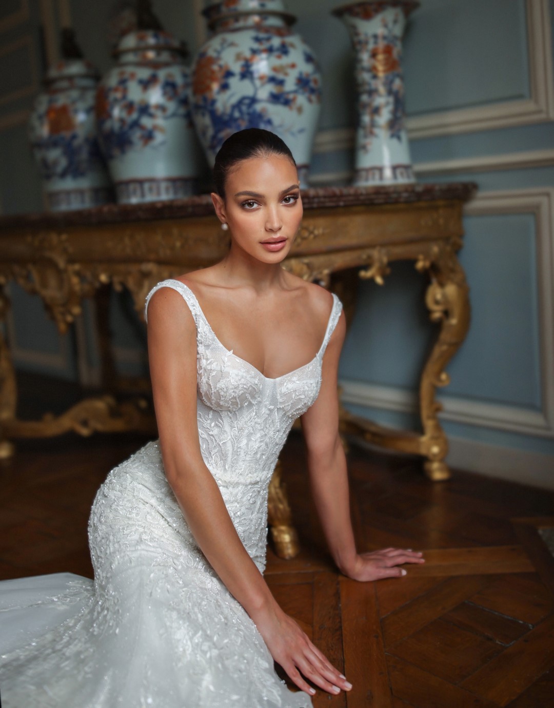 Attackable Beading Pearls Embroidery Lace Square Collar Mermaid Wedding Dress With spaghetti straps Sleeveless 2 In 1 Trumpet Bridal Gowns 2024