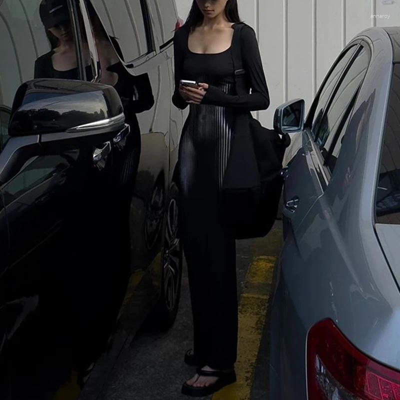 Casual Dresses Spring Autumn Square Collar Sexy Fashion Bodycon Maxi Dress Female Long Sleeve Slim Black Robe Ladies Elegant Vestidos De