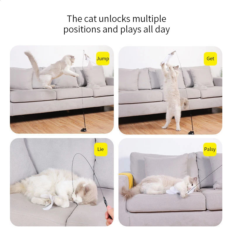 Interactive Cat Toy Handfree Stick Playing Kitten Teaser Wand Suction Cup BirdFeather Pet Supplies 250312