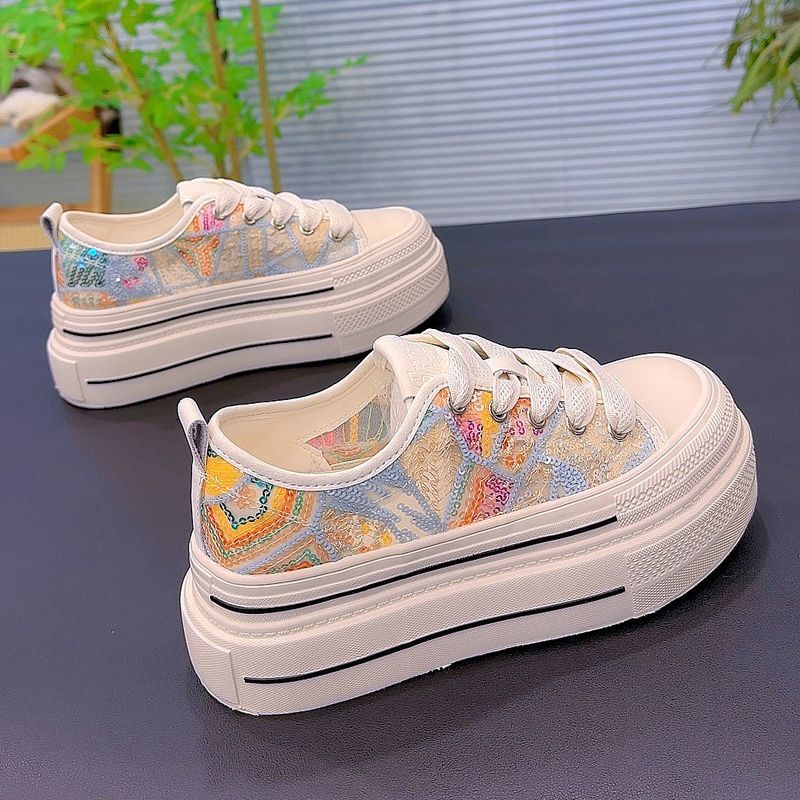 New popular breathable sequin mesh canvas, new white casual outdoor sports shoes, sponge cake thick soled designer sports shoes