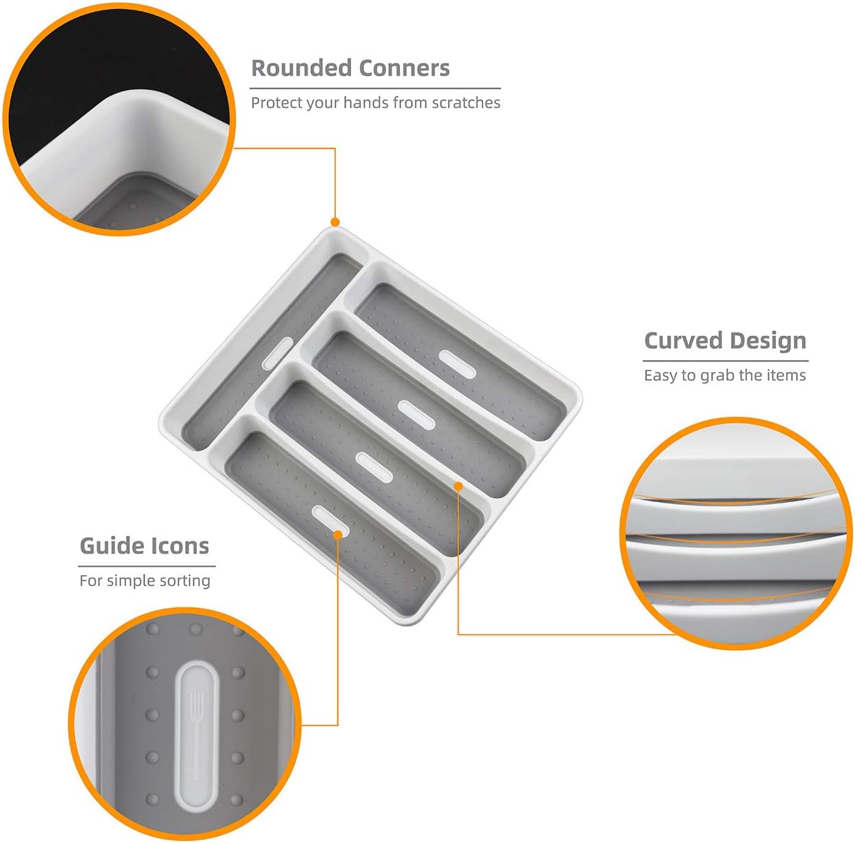 LeMuna Silverware Tray for Drawer, Plastic Cutlery Tray Kitchen Drawer Organizer, 5 Compartment Flatware Cutlery Organizer, Soft-Grip Lining and Non-S