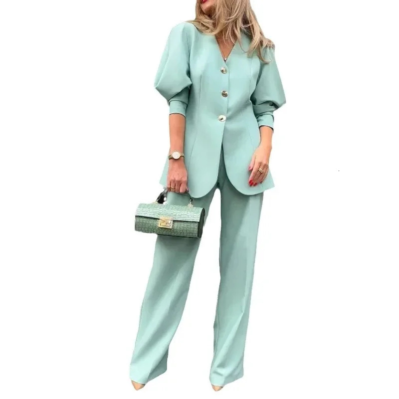 Womens Lantern Sleeves Loose Suit Coat and Pants Set Temperament Commuting Elegant Blazer Sets Spring Fashion 241118