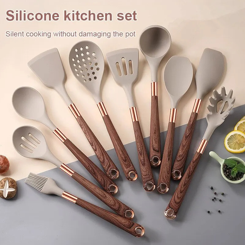 1set ApricotBlack Kitchenware Set Silicone Material No Hurt the Pot 5sets Options for Kitchen Cooking Kitchen Utensils 240418
