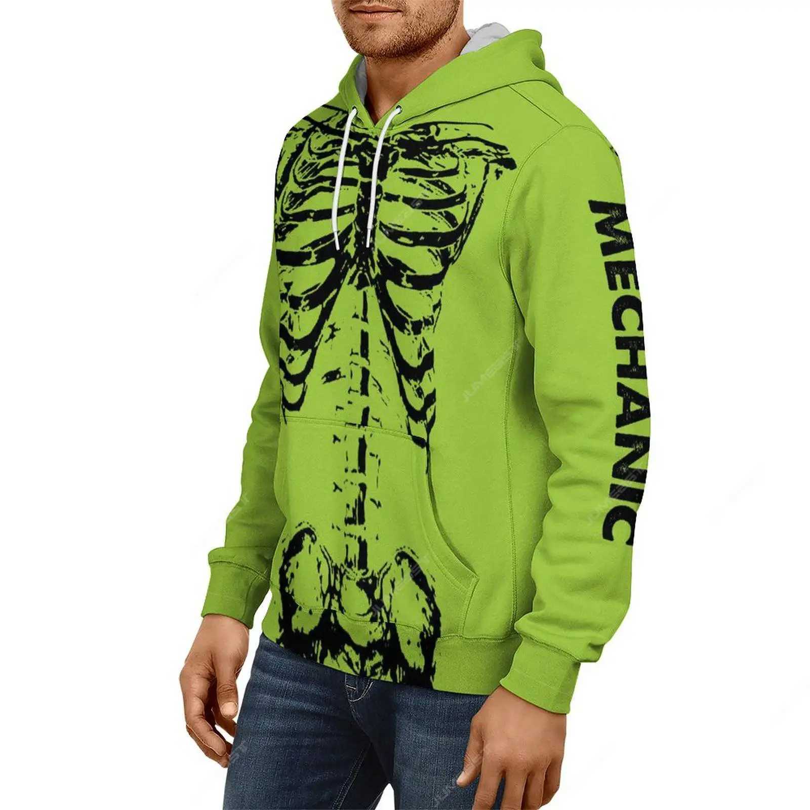 New Arrival Giant Neon Green Mechanical Skeleton Mens Zipper Hoodie Dark Academy Horror Hoodie Gothic Raincoat Z241118