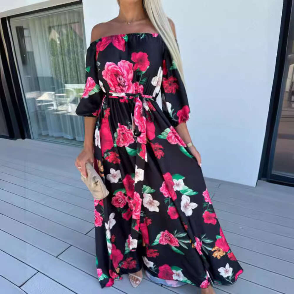 Long Skirt Summer New Seaside Vacation Style One Line Collar Printed Dress F41939