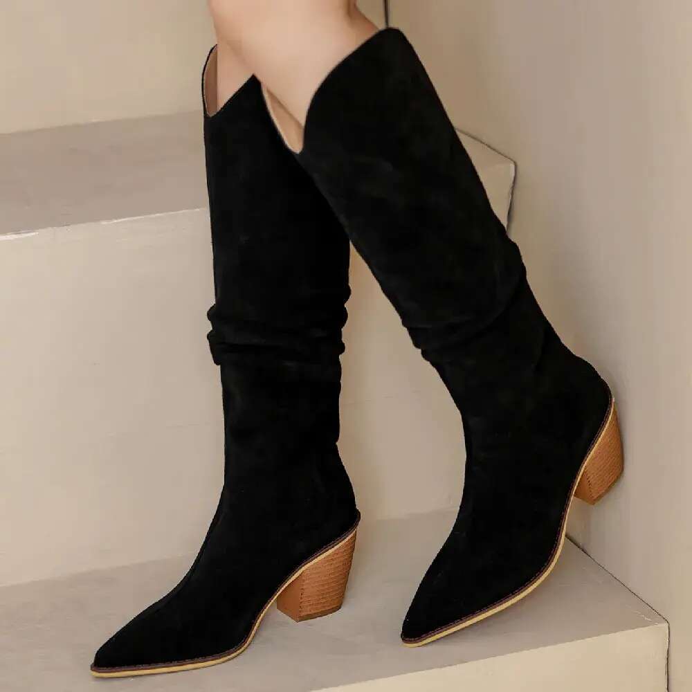 Women's natural suede leather thick heel pointed toe pleated autumn knee high elegant ladies warm long boots shoes 1850