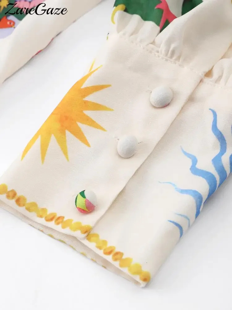 Fashion Printed Women Chiffon Shirt Bubble Sleeve Lapel Button Loose Blouse Spring Summer Elegant Lady Top 240412