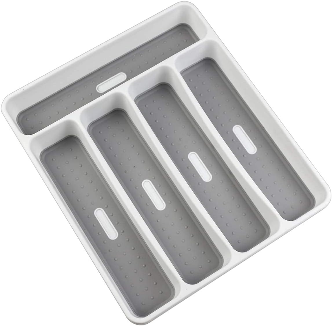 LeMuna Silverware Tray for Drawer, Plastic Cutlery Tray Kitchen Drawer Organizer, 5 Compartment Flatware Cutlery Organizer, Soft-Grip Lining and Non-S