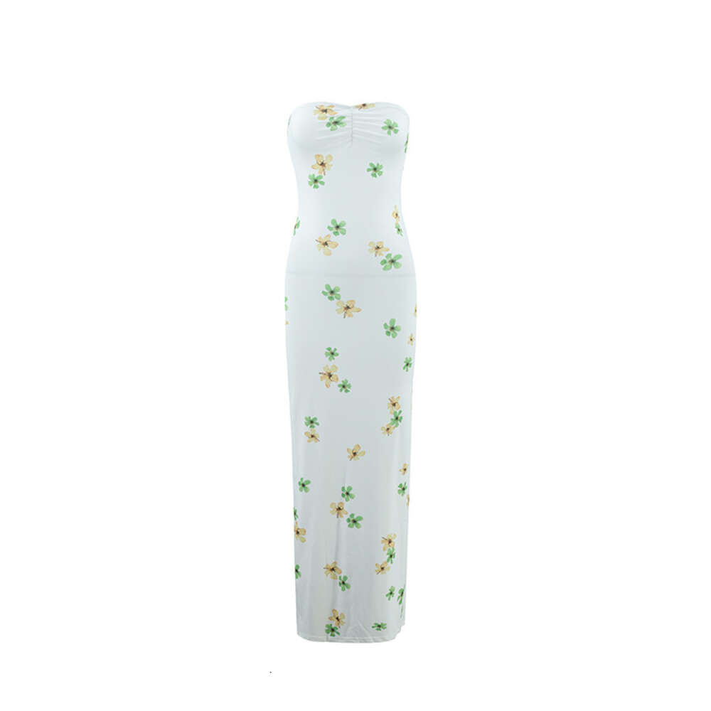 Instagram Holiday Style Sexy Wrapped Chest 2024 New Slim Fit Flower Print Split Long Dress F41921