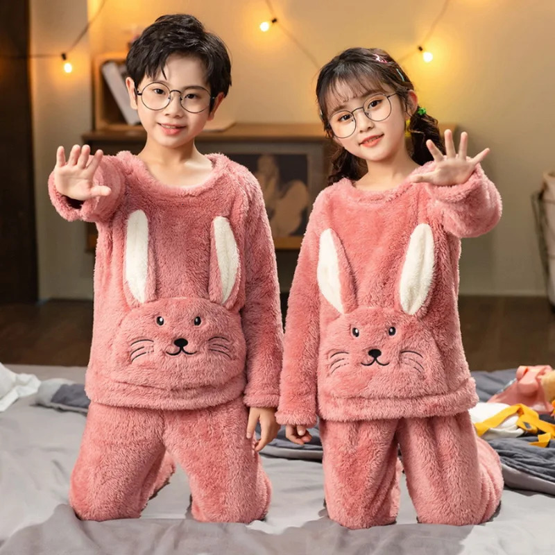 Pullover Autumn Winter Childrens Flannel Pajamas Childrens Plush Girls Warm Wool Clothing Set Cute Pajamas Boys Pajamas 241118