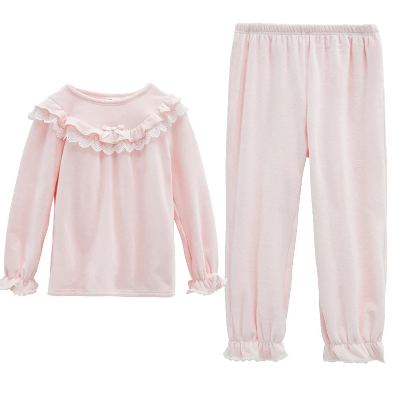 Cute winter childrens pajamas girl coral velvet pink pajamas set. Retro childrens lace pajamas set princess night wear pajamas 241118