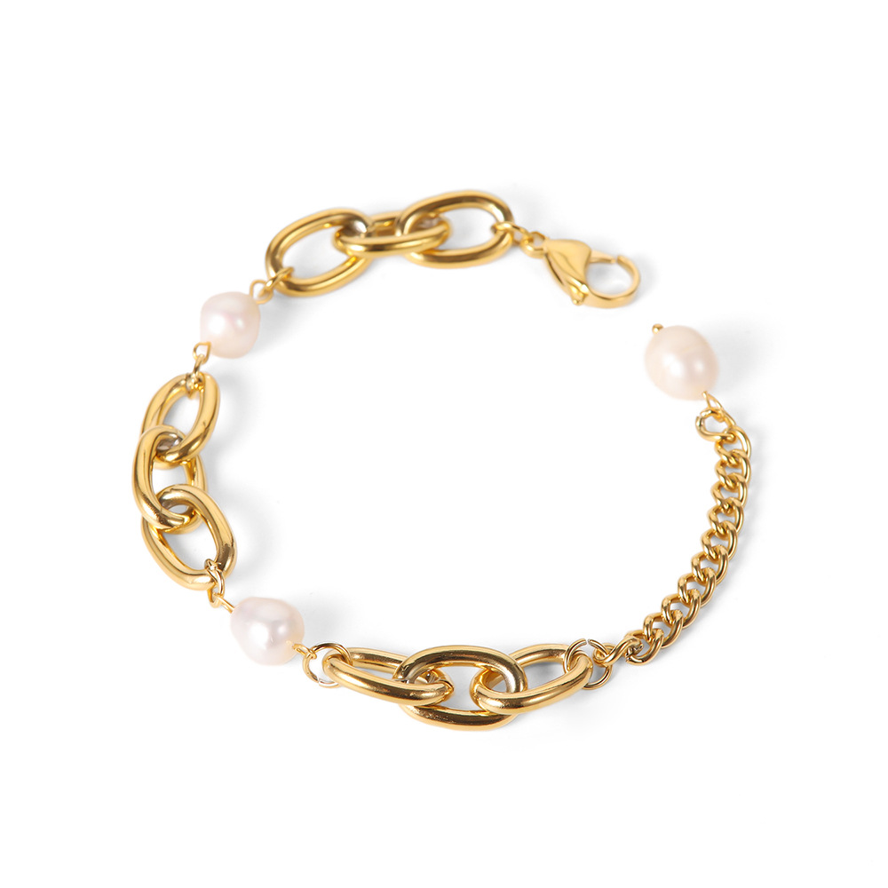 Designer Retro Freshwater Pearl Oval Chain Pearl Bracelet for Women Stainless Steel Plated 18k Gold Party Wedding Jewelry Wholesale
