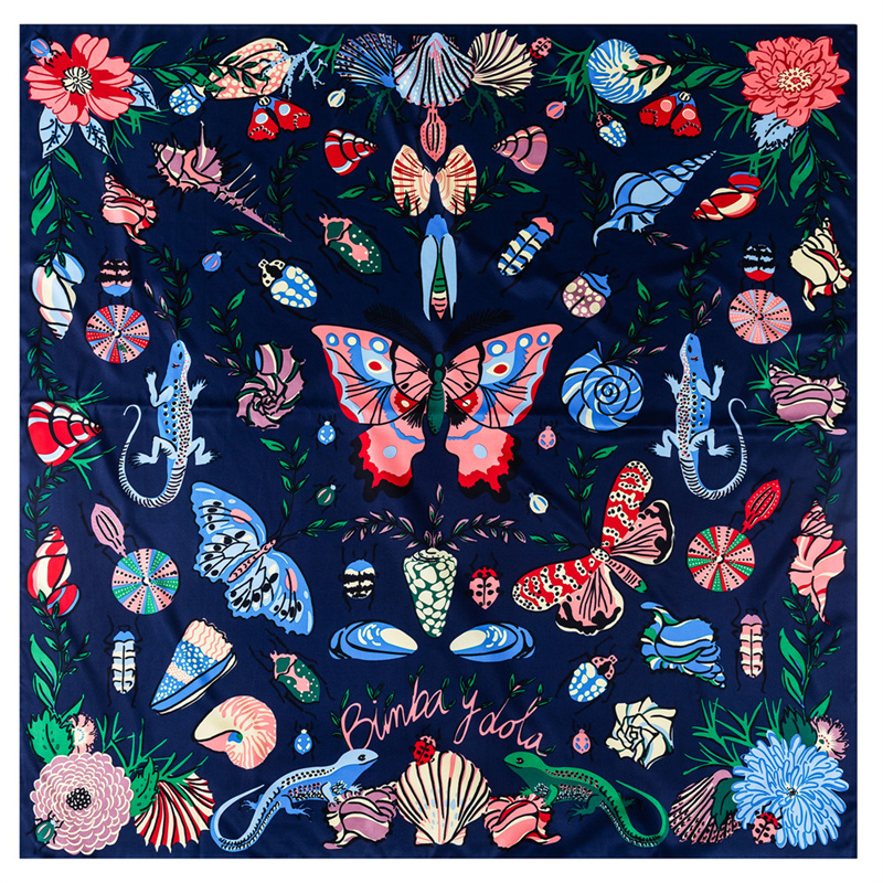 Twill Silk Scarf Women Butterfly Insect Flower Printing Square Scarves Fashion Versatile Wrap Female Foulard Large Hijab Beach Shawl Neckerchief 130CM*130CM