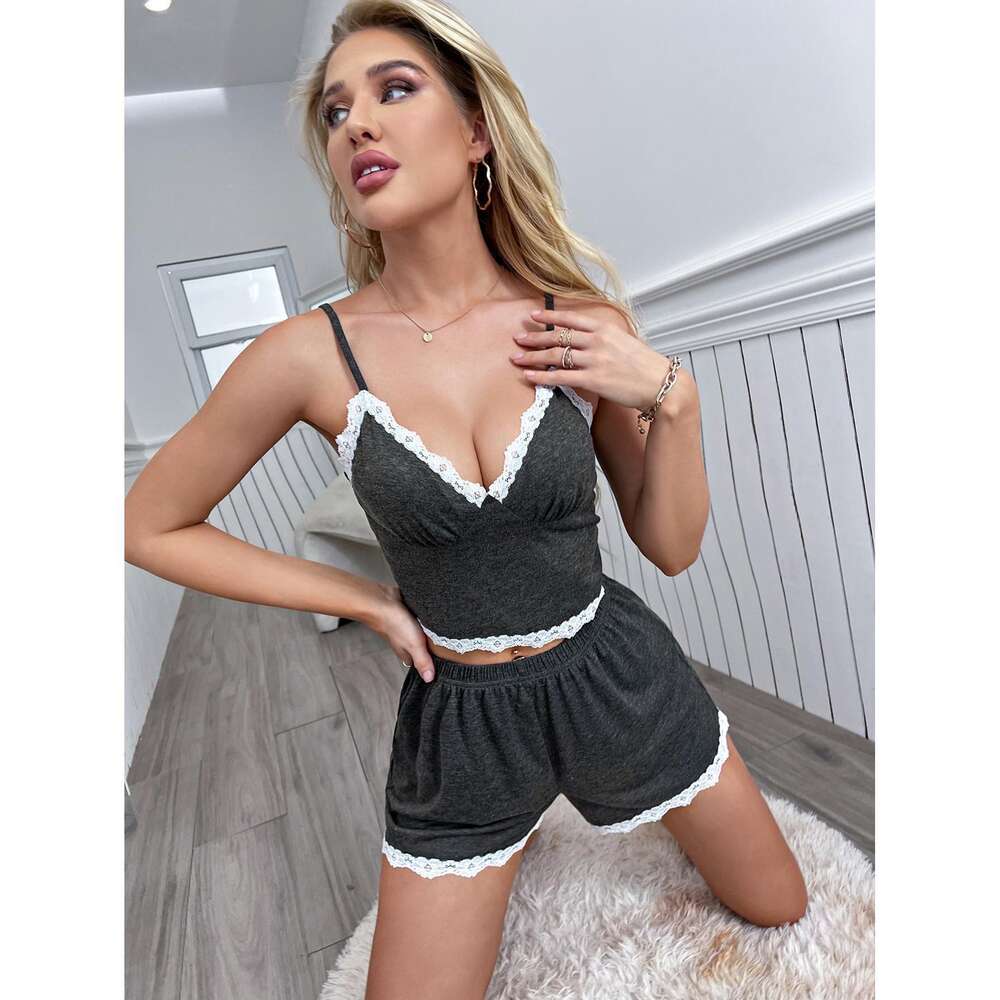 Pamas Women's Summer V-neck Strap Lace Sexy Home Fur Set F41934