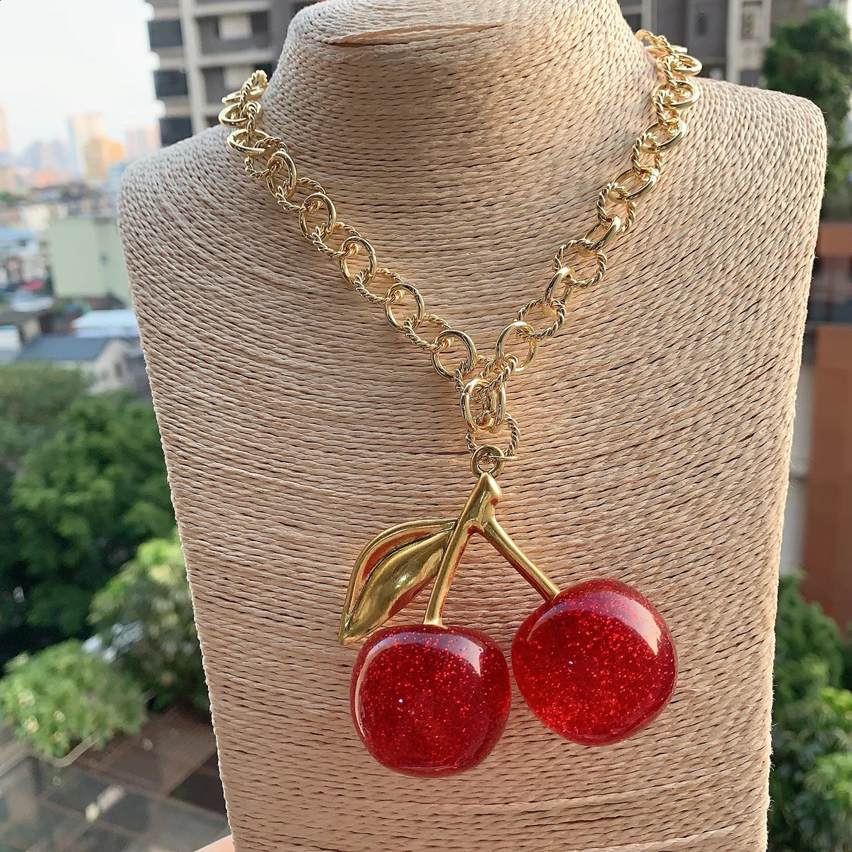 5 pieces red cherry pendant necklace jewelry accessories long neck cherry pendant necklace gold nugget chain 241119