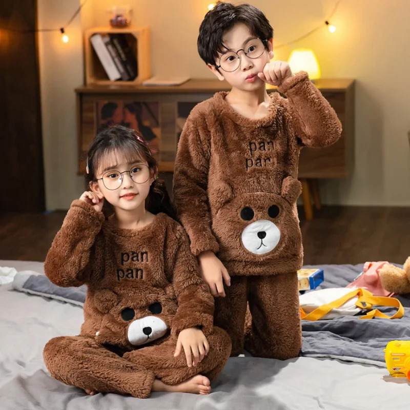Pullover Autumn Winter Childrens Flannel Pajamas Childrens Plush Girls Warm Wool Clothing Set Cute Pajamas Boys Pajamas 241118