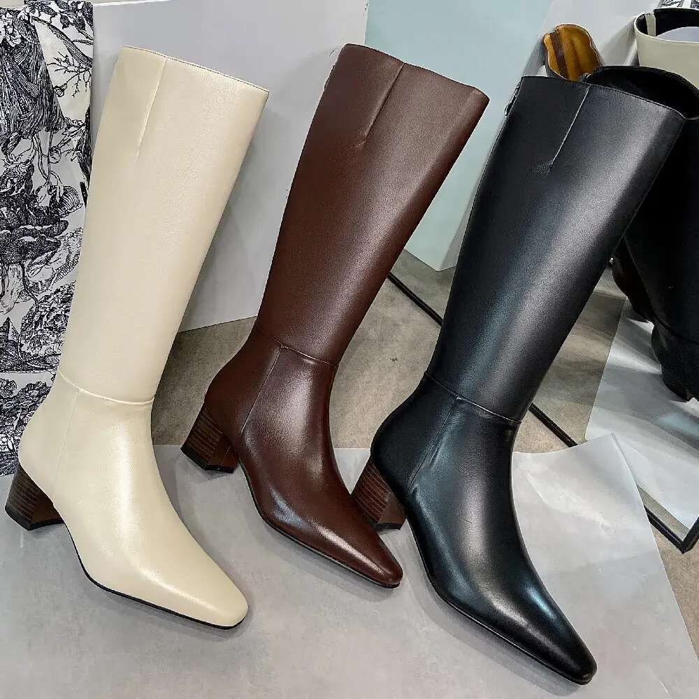 Women's genuine leather thick heel side zip autumn knee high elegant ladies soft comfortable long winter warm boots dfe2