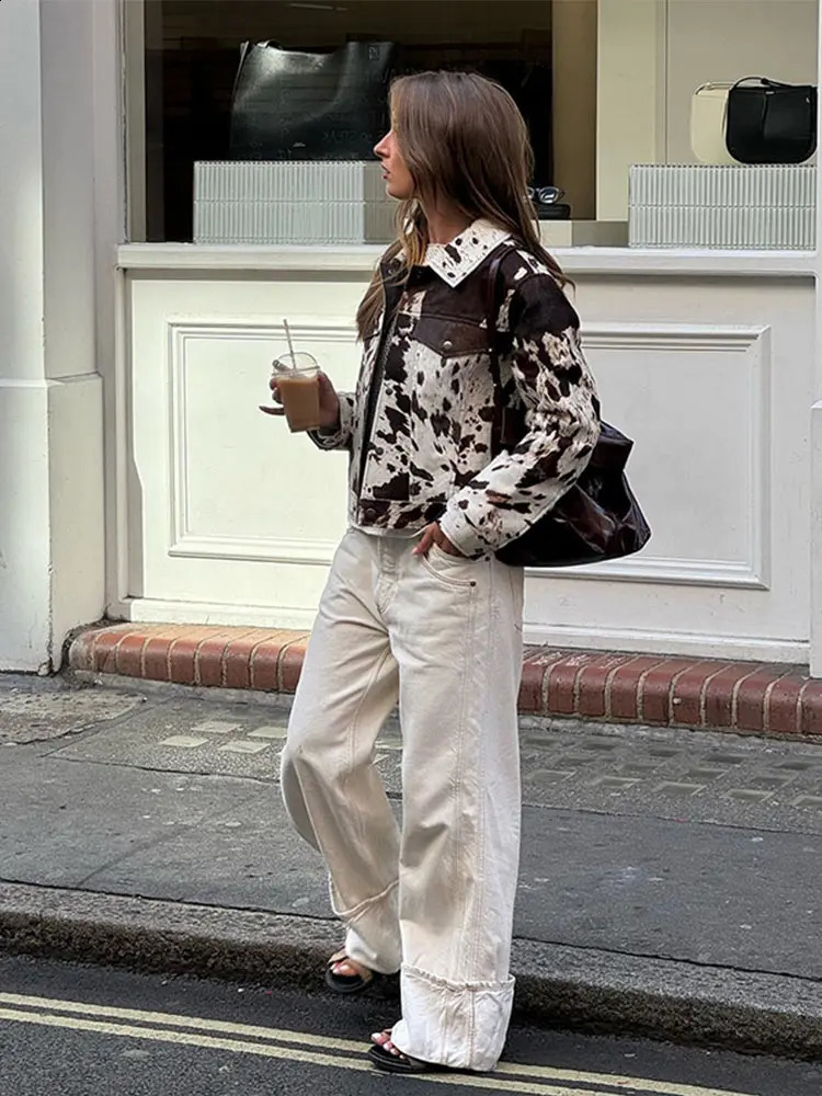 Fashionable printed womens fur jacket casual long sleeved slim fit patch pocket Coats street business autumn jacket 241119