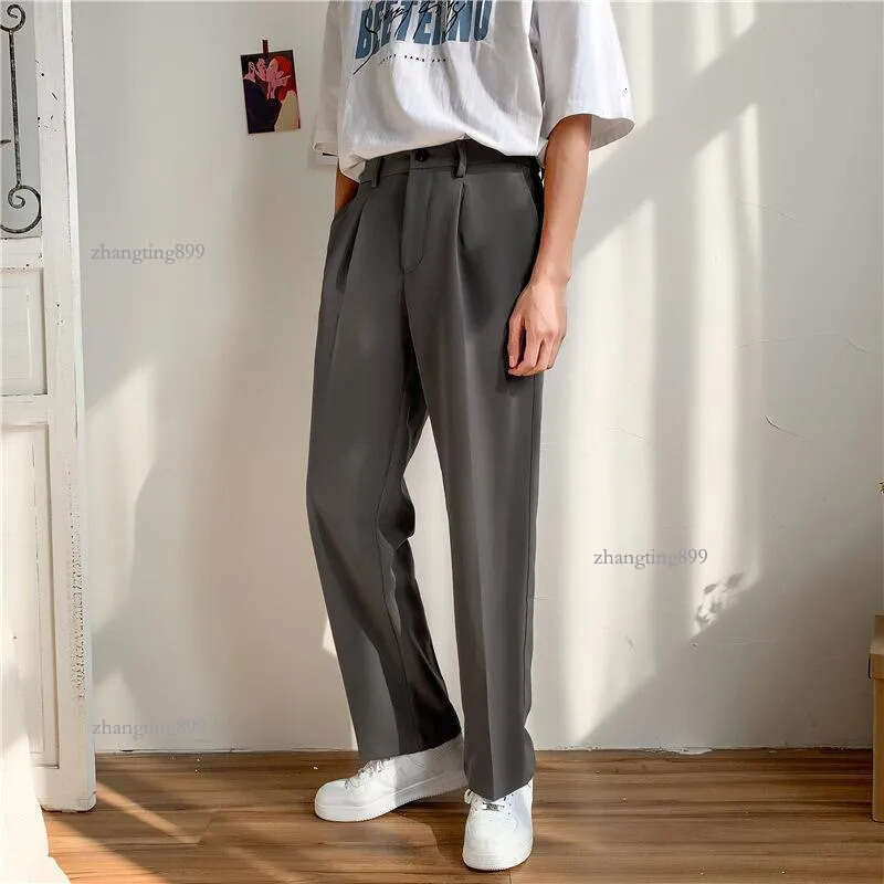 Men's Pants Pleated Straight Fashion Elastic Waist Casual Men Streetwear Loose Ice Silk Trousers Mens Wide Leg S-4XL