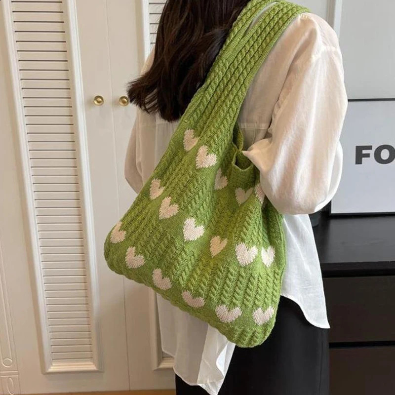 Love Wool Large Knitted Bag Shoulder Shopping for Women Vintage Cotton Cloth Girls Tote Shopper Female Handbag Crochet 241115