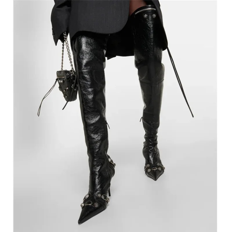 2023 Women's New Pointed Rivet European And American Sexy Spicy Girls High Heel Motorcycle Over Knee Zipper Boots