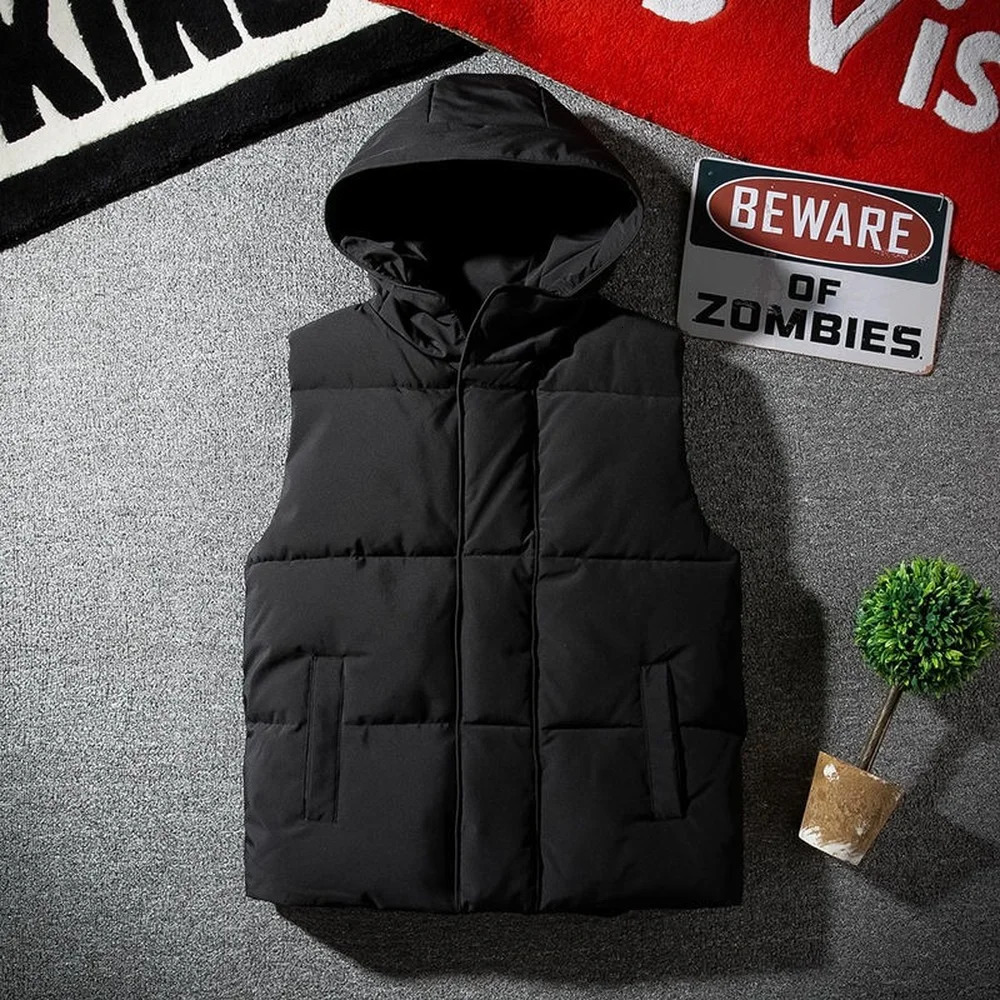 White Vest Jacket with Hood Men Fashion Clothing Korean Style Hooded Vest Coat Men Autumn Winter Sleeveless Mens Jacket 3XL 241118