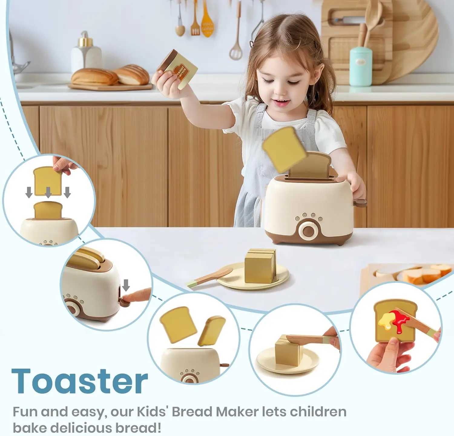 Robud Kids Toy Kitchen Set Wooden Game Kitchen Utensils with Toaster Blender Childrens Game Set 4 sets W241119