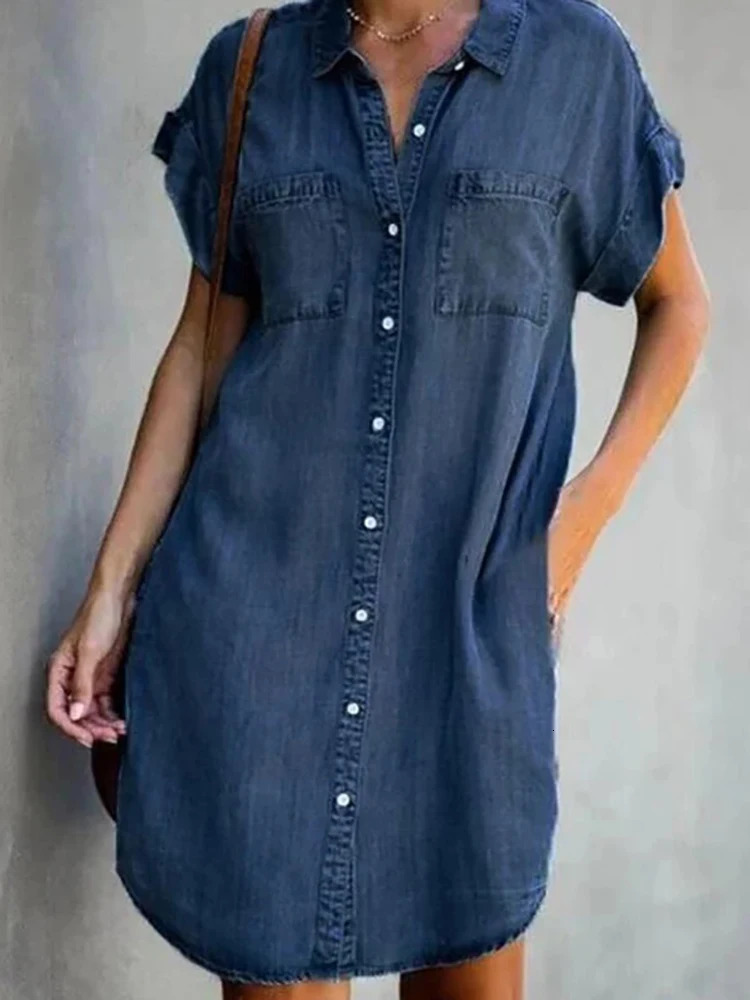 Plus Size Women Denim Shirt Dresses Short Sleeve Distressed Jean Dress Button Down Casual Tunic Top 240403