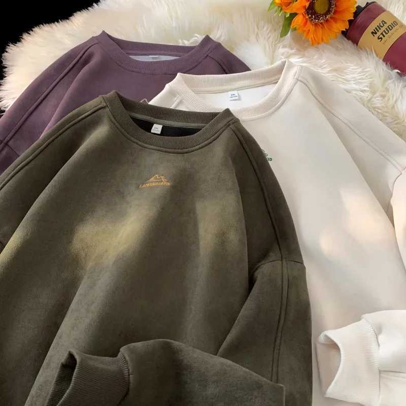 Trendy Streetwear Suede Crew Neck Sweatshirt Men Women Sweatshirt Embroidered Pattern Heavy Weight Couple Pullover Sweatshirts M250311
