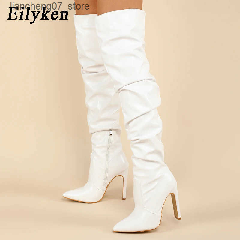 Eilyken Pleated Thigh High Boots Fashion Pointed hot Toe Zip Female Stiletto Square Heels Design White Black Brown Womens Shoes J241119