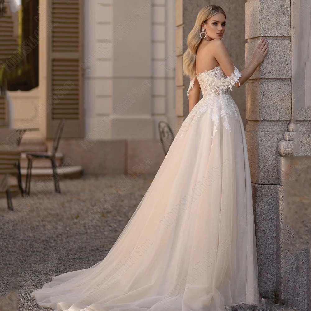 Light Champagne Pastrol Wedding Dress Off Shoulder Sweetheart Lace Appliques Bride Gowns Side Split A-Line Tulle Vestido De Novias