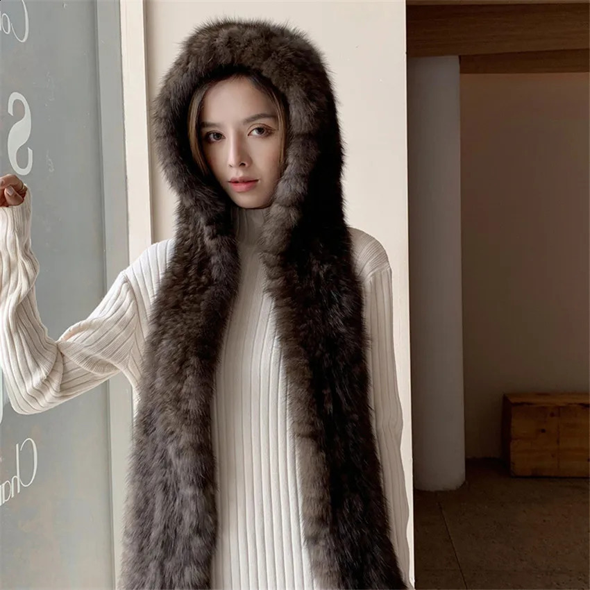 Women Winter Warm 100% Genuine Sable Fur Knitted Hooded Scarf Mink Hat Caps 241119