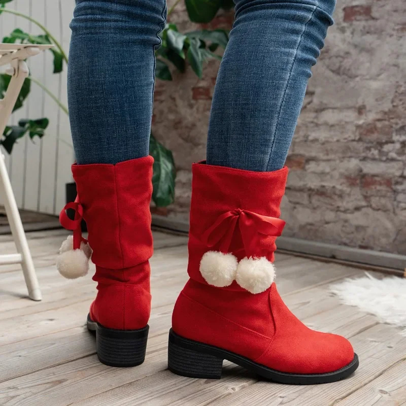 2024 Winter Womens Fluffy Bowknot Ball Decor Boots Slip on Casual Chunky Heel Suede Boots Christmas Mid Calf Boots 241118