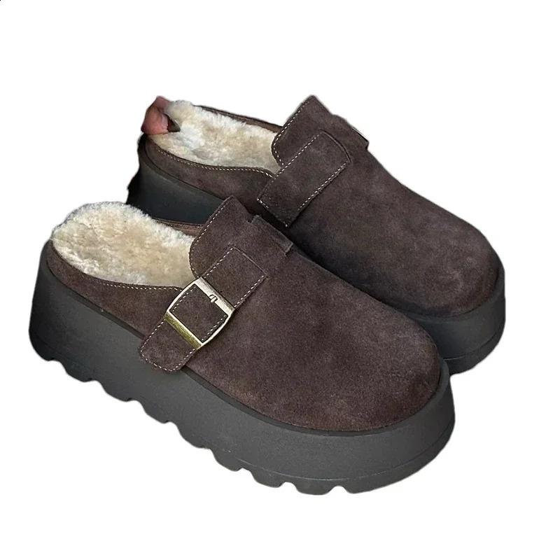 Suede Platform Women Slippers Short Plush er Flats Cotton Mules Shoes Trend Warm Snow Botas Cozy Winter Zapatos Mujer 241118